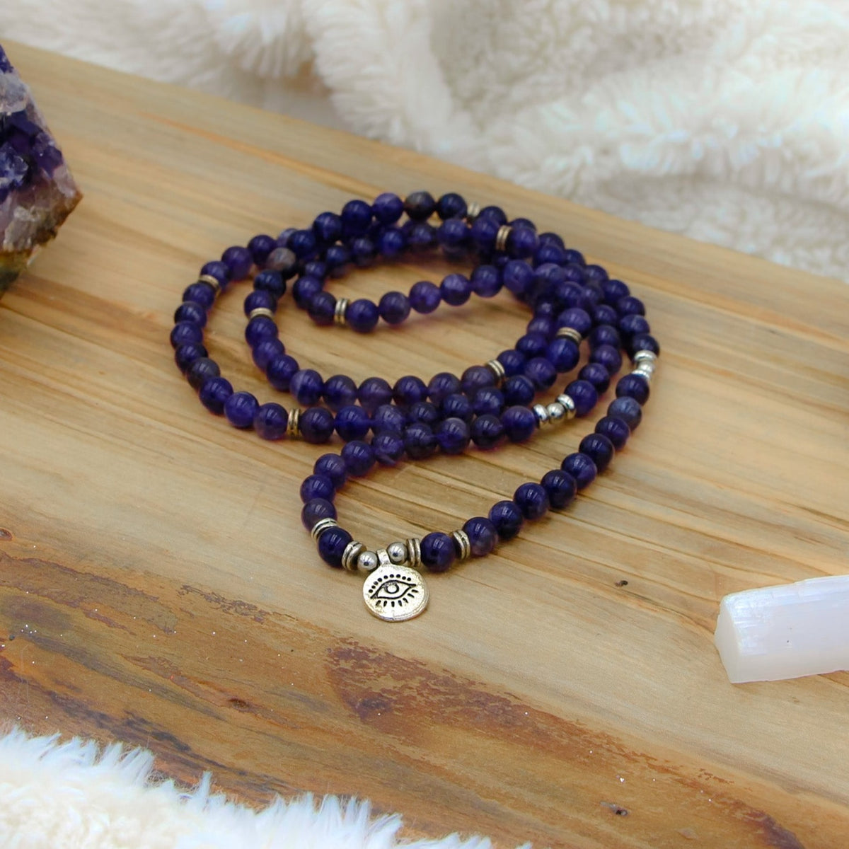 mala bead necklace, amethyst mala necklace, amethyst beaded necklace, third eye necklace, evil eye necklace, intuition necklace, anxiety jewelry,