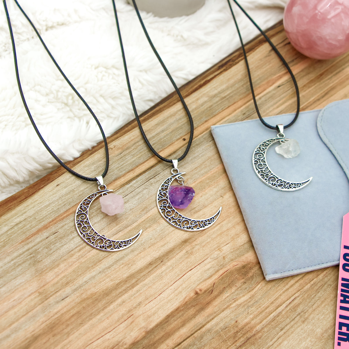 moon necklace, moon pendant, crescent moon, amethyst necklace, rose quartz necklace, clear quartz necklace, 