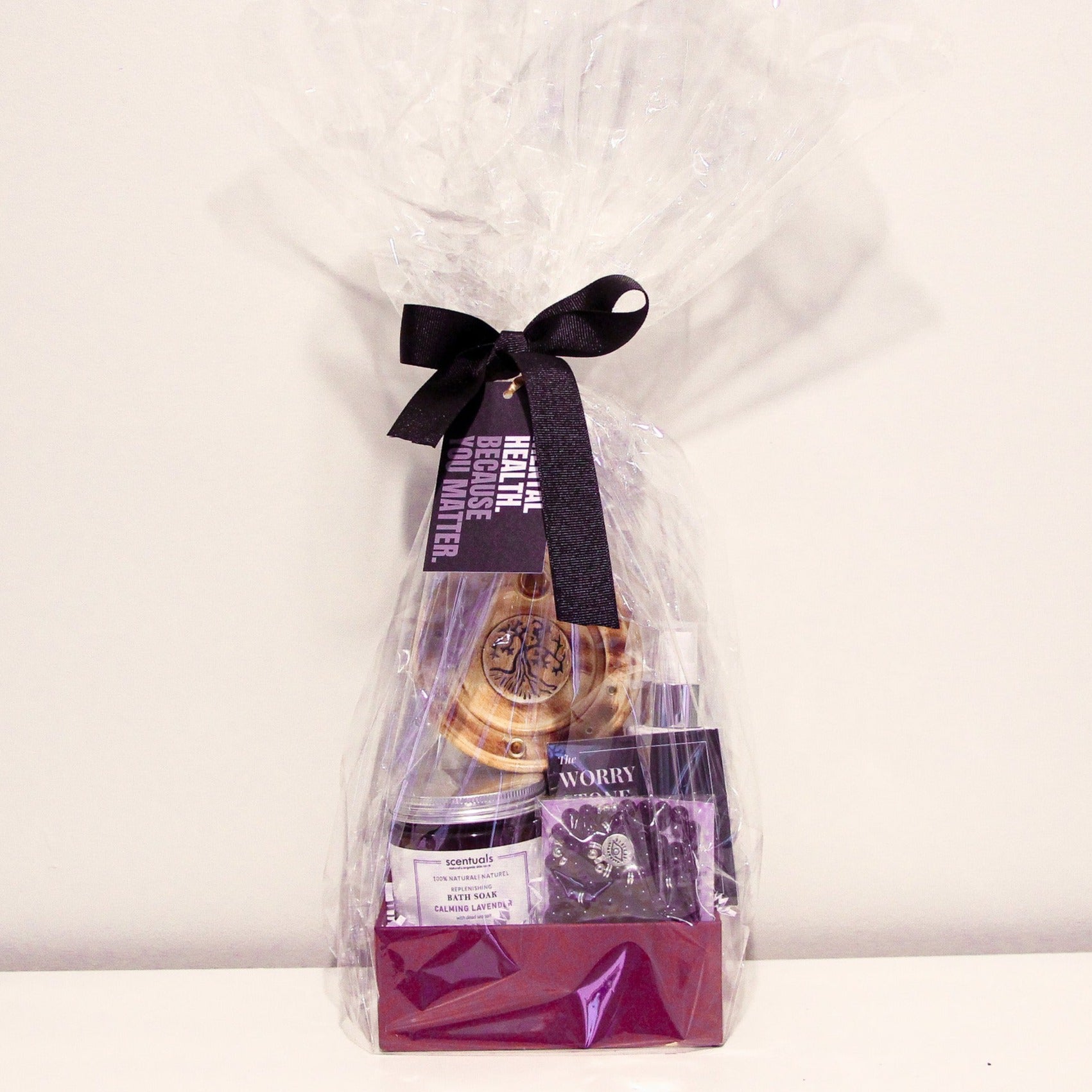 gift set, amethyst gift set, amethyst set, wellness box, wellness gift set, mental health gifts, mental health gift boxes, calming gift boxes, calming sets, lavender spray, calming spray, lavender bath soak, amethyst worry stone,