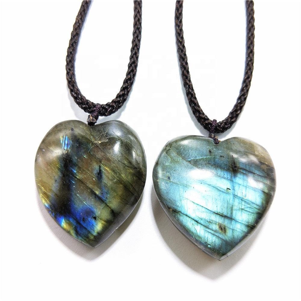 Labradorite Dragon&#39;s Heart Necklace with black adjustable cord for mental clarity and anxiety relief.