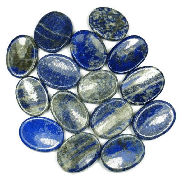 Polished lapis lazuli worry stone for social anxiety, communication, and emotional clarity – natural thumb stone with info card