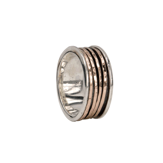 Simple &amp; Elegant Sterling Silver and Gold Fidget Ring with four Rose Gold spinning bands, displayed with complimentary MeditationRings Tin and Travel Pouch