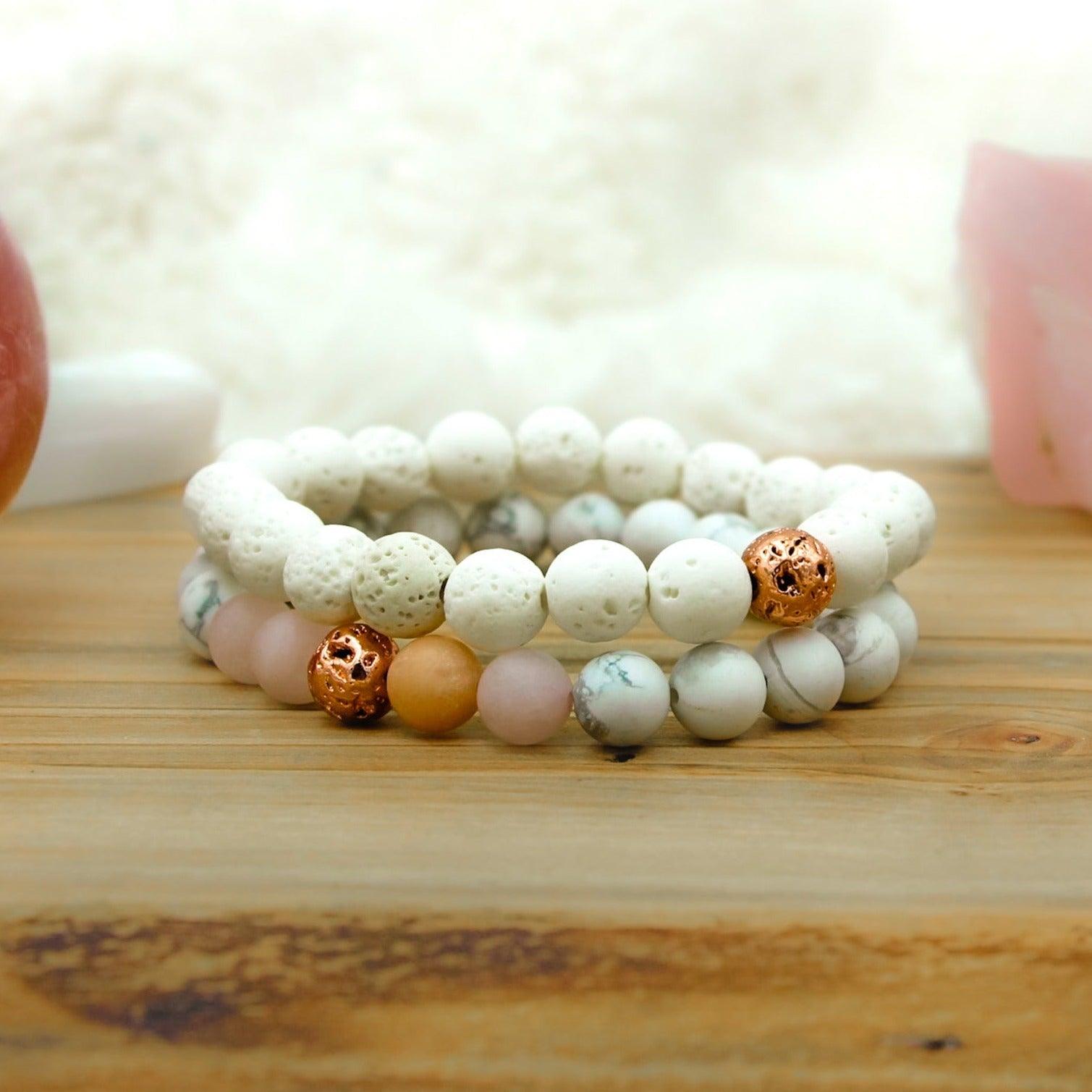 Self Love Rose Quartz and Howlite Bracelet Set for emotional healing and self-care.