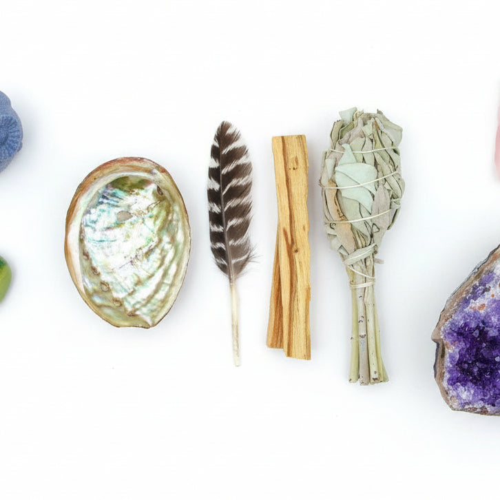 Beginner's Mini Smudging Kit with abalone shell, smudge stick, palo santo, and feather for energy cleansing, spiritual healing, and anxiety relief