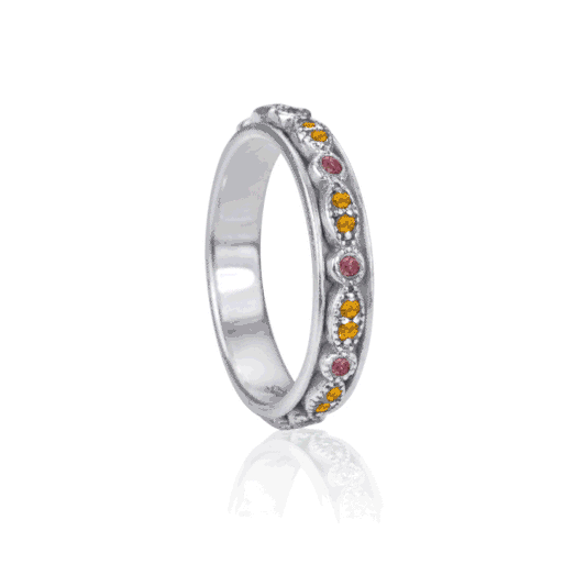 Tourmaline & Citrine Crystal Fidget Ring with marquise and oval channel set gemstones, displayed with complimentary MeditationRings Tin and Travel Pouch