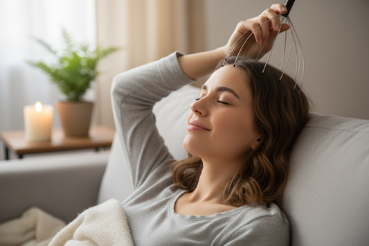 scalp massager handheld, stress relief head massager, head massager for relaxation, handheld scalp massager for hair growth, portable head massager device, head massager for stress and anxiety, scalp massager for self-care, head massage tool for relaxation, calming head massager, anxiety relief head massager, scalp therapy tool