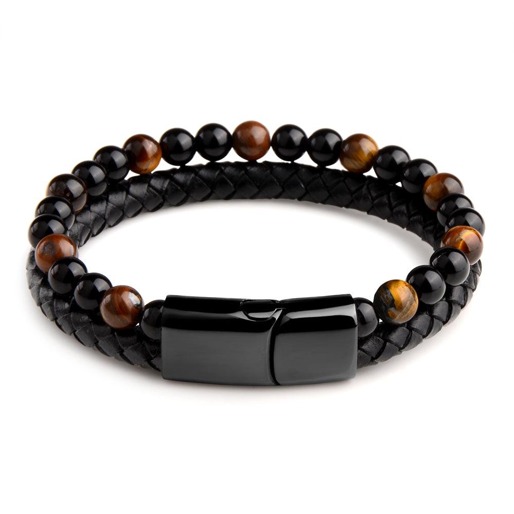 Tiger's Eye Leather Bracelet with braided black leather for mental clarity and emotional strength.