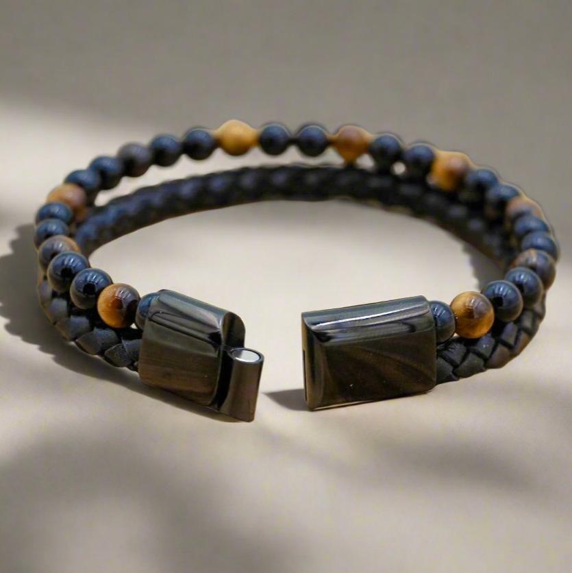 Tiger's Eye Leather Bracelet with braided black leather for mental clarity and emotional strength.