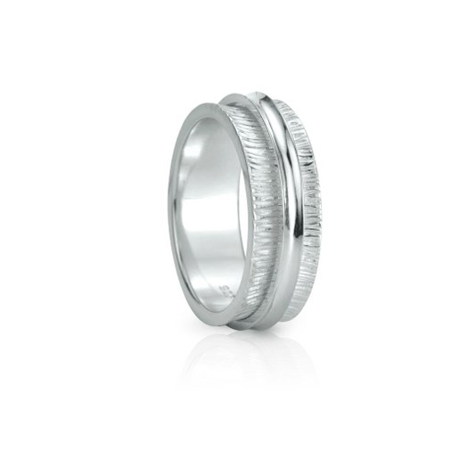 Sterling Silver Brushed & Shiny Textured Anxiety Ring with spinning band, displayed with complimentary MeditationRings Tin and Travel Pouch
