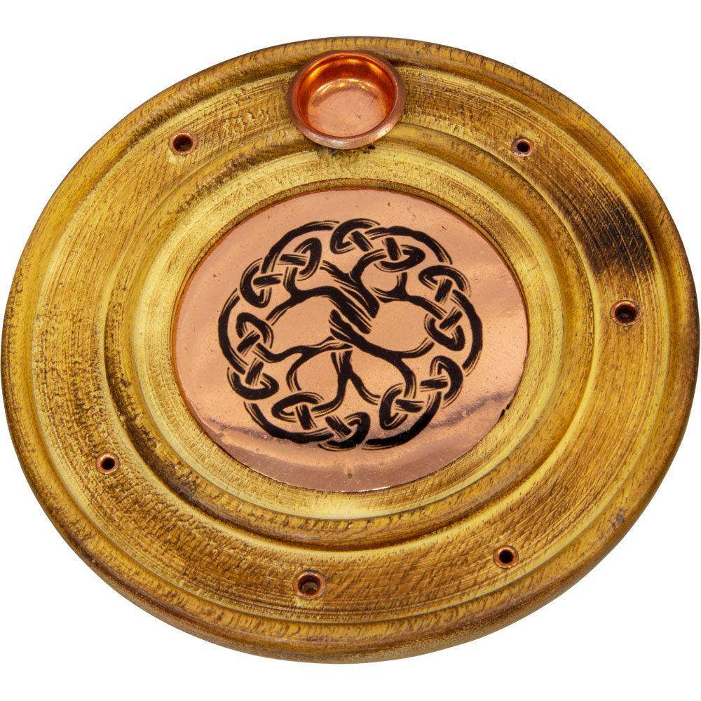 Tree of Life Wood Incense Holder for 6 incense sticks and cones with brass and copper accents.