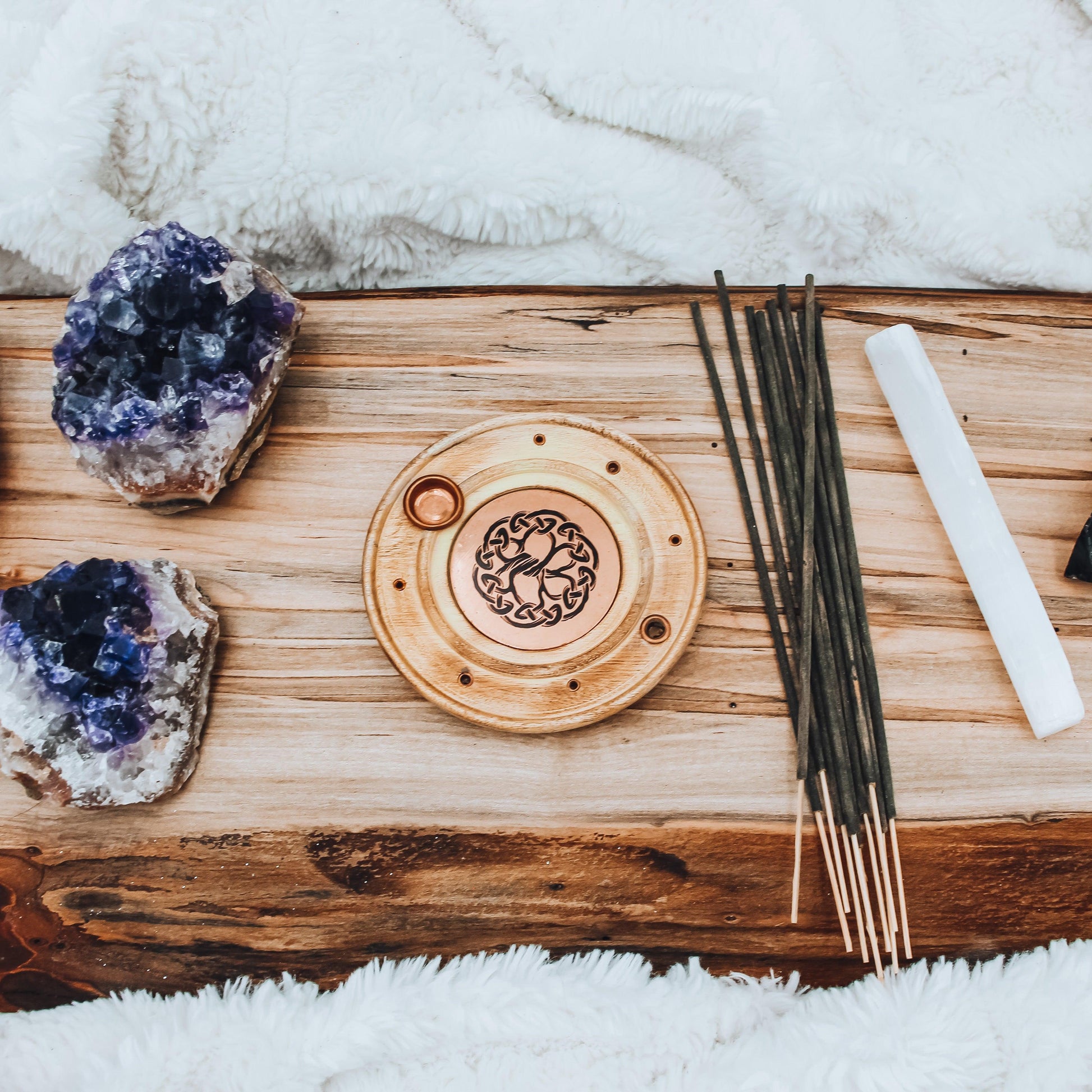 Tree of Life Wood Incense Holder for 6 incense sticks and cones with brass and copper accents.