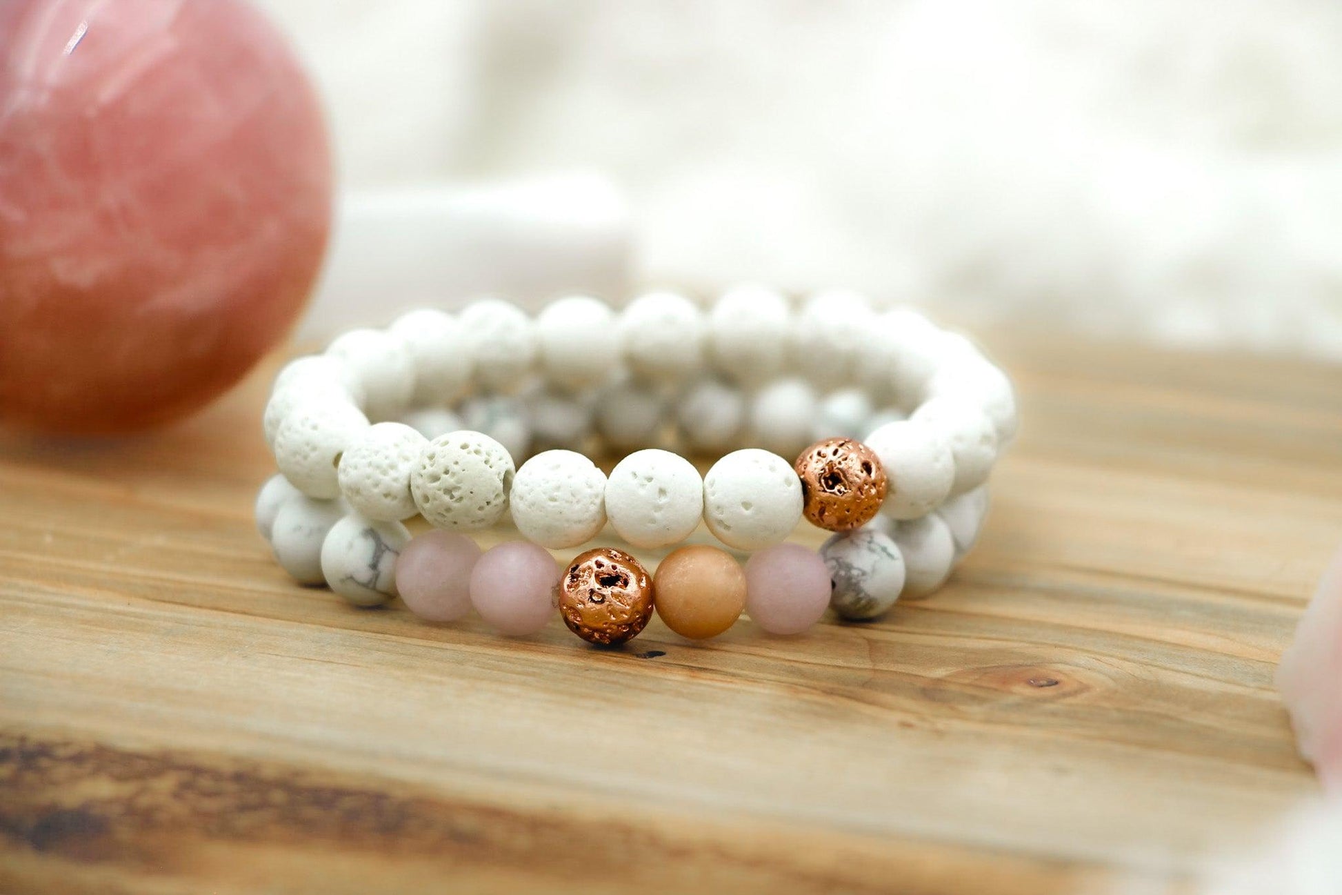 Self Love Rose Quartz and Howlite Bracelet Set for emotional healing and self-care.